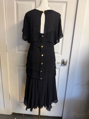 Vintage Chanel Boutique Black Silk 2-Piece Layered Dress Set Gold Buttons Size S